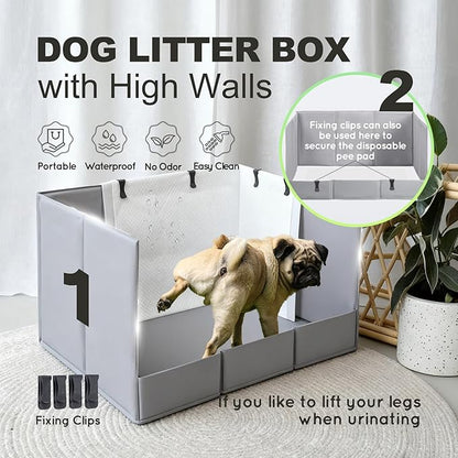 Dog Litter Box, Pee Pad Holder Foldable, Indoor Dog Potty Tray for Puppy & Medium Dogs, High Walls, Seamless, No Assembly, Waterproof, Easy to Clean, No Spill,Portable for Travel
