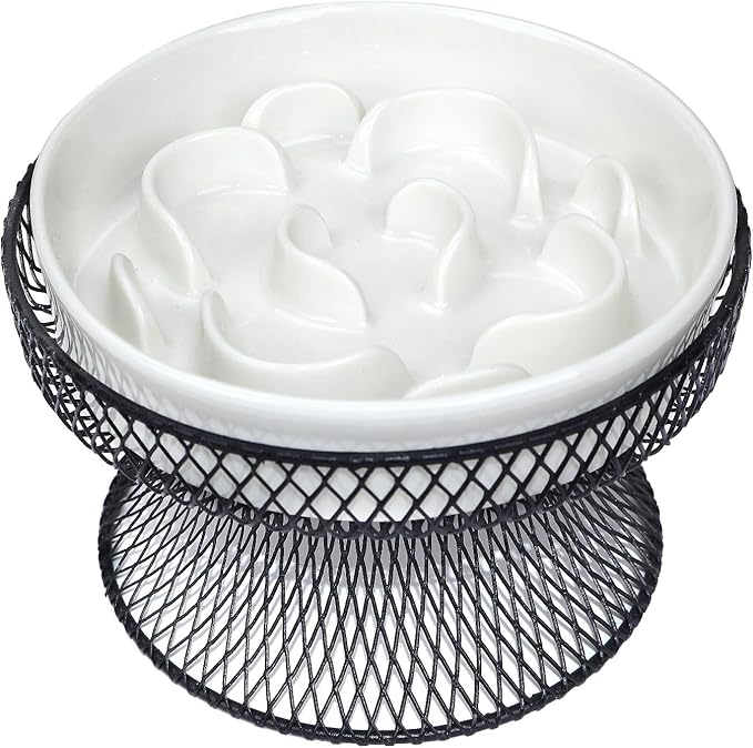 Raised Ceramic Cat Slow Feeder Bowl, Elevated Cat Plate with Stand, Slow Bowl for Wet and Dry Food, Whisker Friendly Pet Feeder for Kitten and Small Dog Perfect for Pet Gift