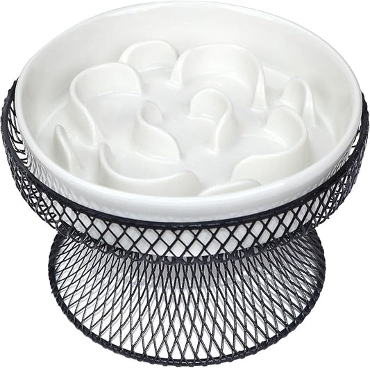 Raised Ceramic Cat Slow Feeder Bowl, Elevated Cat Plate with Stand, Slow Bowl for Wet and Dry Food, Whisker Friendly Pet Feeder for Kitten and Small Dog Perfect for Pet Gift