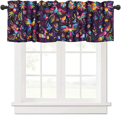 Mexican Style Valances Curtain for Kitchen Cafe, Flowers Leaves Birds Animal Background Print Window Treatment Valances Short Curtains Rod Pocket Drape for Dining Room Home Decor, 54x18inch