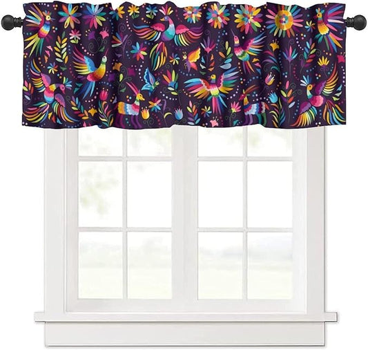 Mexican Style Valances Curtain for Kitchen Cafe, Flowers Leaves Birds Animal Background Print Window Treatment Valances Short Curtains Rod Pocket Drape for Dining Room Home Decor, 54x18inch