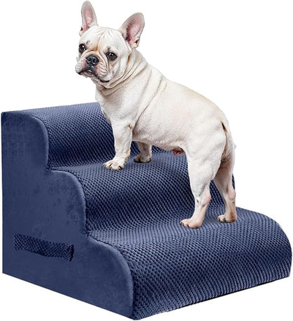 PAWSCART Pet Stairs for Dogs 3-Step, 15.7" H Pet Stairs for High Bed, Couch Sofa & Chair, 30D Material Soft Foam Dog Steps with Non-Slip Bottom Surface Removable Washable Cover, Blue