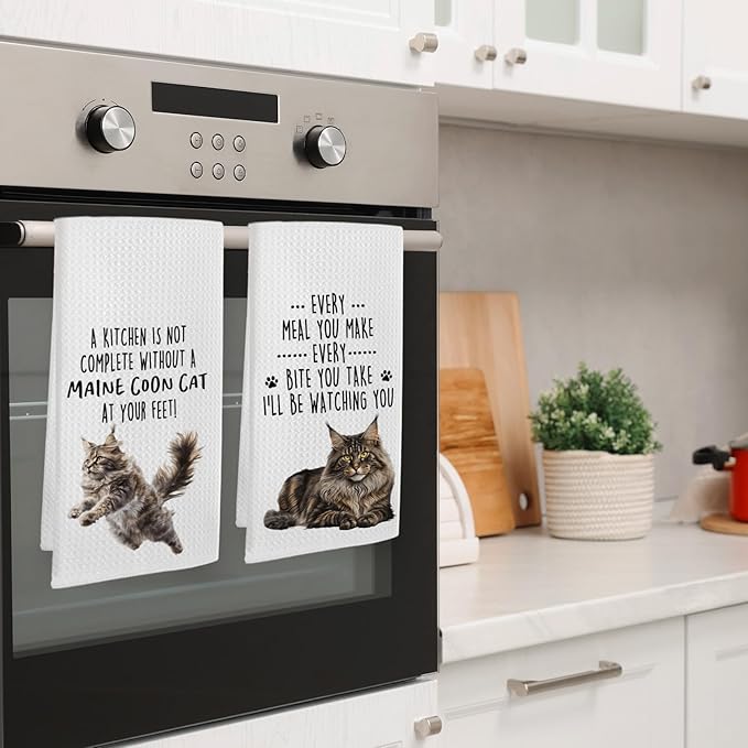 Funny Maine Coon Cat Kitchen Towels, Maine Coon Cat Mom Lady Lovers Gifts for Women Hand Towels, Gifts for Pet Lovers Dishcloths Dish Towel for Kitchen 16x24 Inches Set of 2