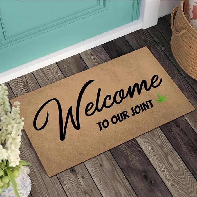 Funny Welcome Doormat (23.7 in X 15.6 in) Anti-Slip Rubber Back Entrance Way Indoor Front Porch Decor Rugs House Warming Gift (Welcome to Our Joint with Cannabis Leaf)