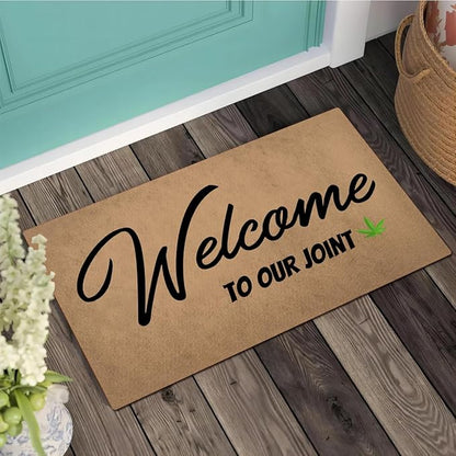 Funny Welcome Doormat (23.7 in X 15.6 in) Anti-Slip Rubber Back Entrance Way Indoor Front Porch Decor Rugs House Warming Gift (Welcome to Our Joint with Cannabis Leaf)