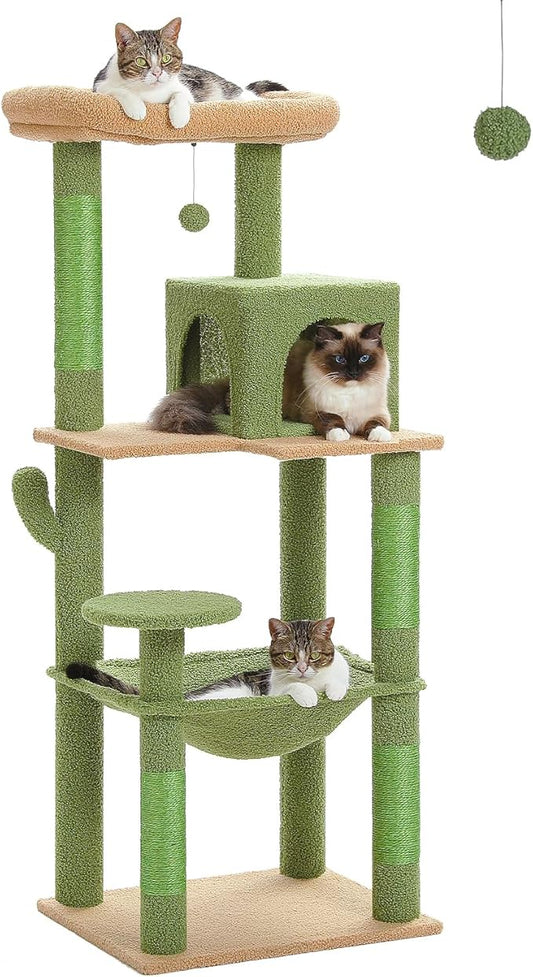 MUTTROS Cactus Cat Tree for Large Cats with Metal Plush Big Hammock, 56.3" Cat Tower for Indoor Cats with 2 Door Condo House, 6-Tier Cat Shelves with Scratching Posts and Large Top Perch,Green