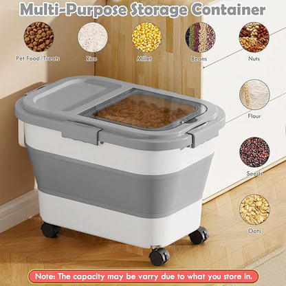 Dog Food Storage Container, 20Lbs Large Collapsible Pet Cat Food Container with Airtight Lids Wheels Handle Scoop Measuring Cup Small Container, Rice Kitchen Dry Food Storage Dispenser Bin (Grey)