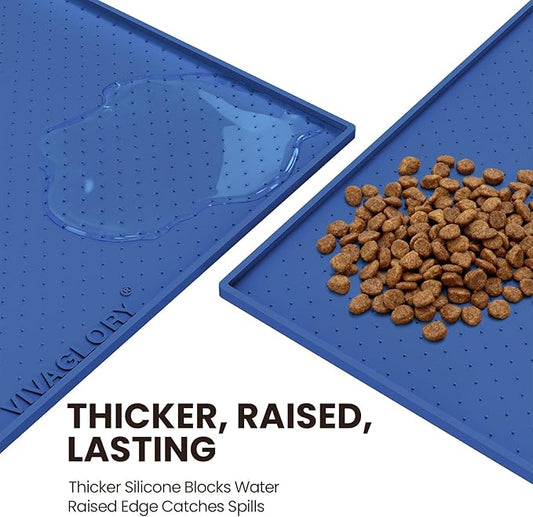 VIVAGLORY Dog Bowl Mat Grippymat Pet Food Mat, Waterproof Washable Nonslip Silicone for Pet & Cat, Food and Water Placemat with Lip & Raised Edges for Indoor Floor, L, Navy Blue