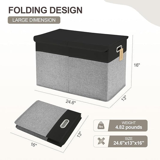 Large Toy Storage Box with Lid, Collapsible Toys Storage Organizer Bins with Dividers and Handles, Storage Chest Bin for Kids, Boys, Girls, Nursery 25"x13" x16" (Balck & Gray)