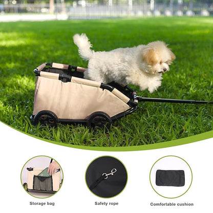 Foldable Pet Wagon with Handle, Pink and Black, Rolling Dog Stroller Cart (Khaki)
