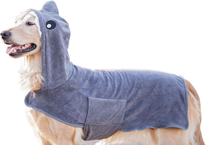 BoxDog Wearable Microfiber Dog Towel with Monster or Shark Hoodie | Soft Dog Bathrobe (Small, Grey Shark)