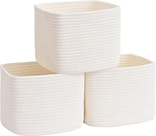 3 Pack Cube Storage Bin, 9”x9”x7” Cotton Rope Woven Baskets for Organizing Toys Clothes Towels, Square Gift Storage Baskets for Shelves, Nursery, Closet, Bathroom, Pantry (White)