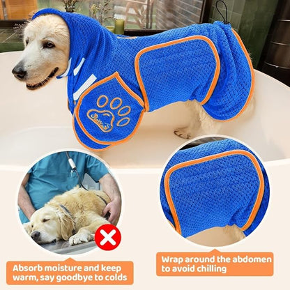 SlowTon Dog Bathrobe Towel - Super Absorbent Microfiber Pet Quick Drying Towel, Wearable Soft Bath Robes for After Bath Shower Swim Wet Walk, Adjustable for Small Middle Large Dogs (Blue, M)