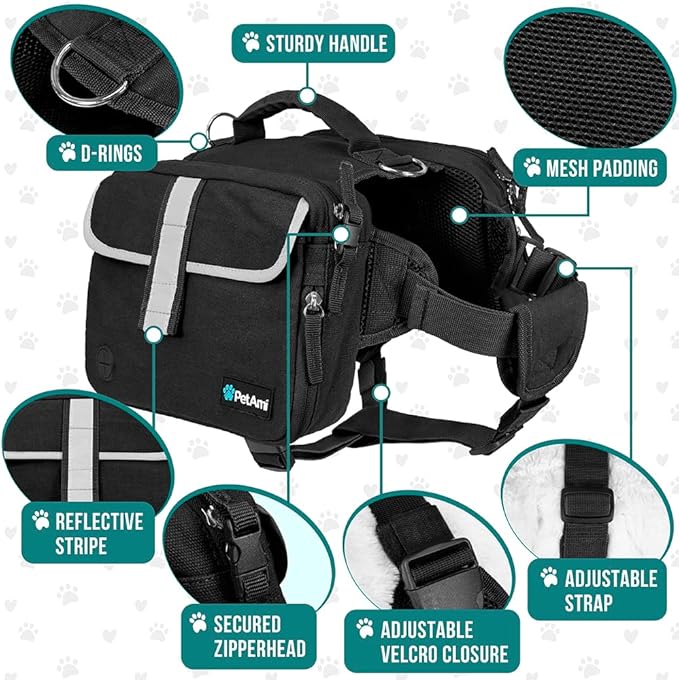 PetAmi Dog Backpack for Medium Large Dogs, Dog Saddle Bag for Dogs to Wear, Tactical Harness Saddlebag with Reflective Safety Side Pockets for Hiking, Camping, Vest Dog Pack for Travel (Black, Large)
