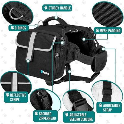 PetAmi Dog Backpack for Medium Large Dogs, Dog Saddle Bag for Dogs to Wear, Tactical Harness Saddlebag with Reflective Safety Side Pockets for Hiking, Camping, Vest Dog Pack for Travel (Black, Large)