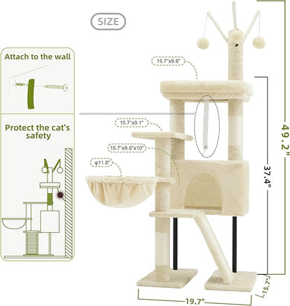 Gitelsnour Cat Tree for Indoor Cats, Cat Tower with Scratching Post for Small Cats and Kittens, Cat House with Removable Top Platform and Fluffy Balls, Hanging Cat Basket, Beige GCT006SM