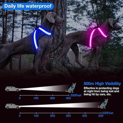 ChalkLit Light Up Dog Harness, No Pull Led Dog Harness Glow-in-The-Dark for Night Walking, USB Rechargeable Lighted Safety Vest for Medium Large Dogs, Adjustable Soft Mesh Fully Illuminated (Blue, L)