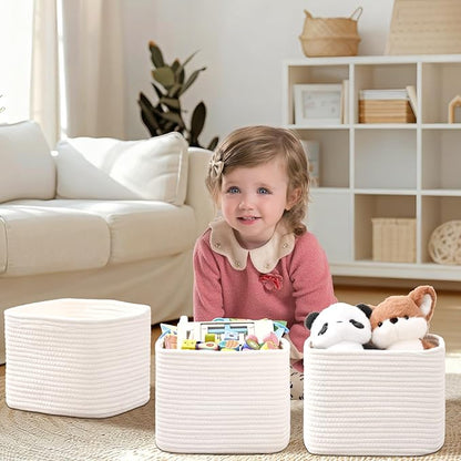 3 Pack Cube Storage Bin, 9”x9”x7” Cotton Rope Woven Baskets for Organizing Toys Clothes Towels, Square Gift Storage Baskets for Shelves, Nursery, Closet, Bathroom, Pantry (White)