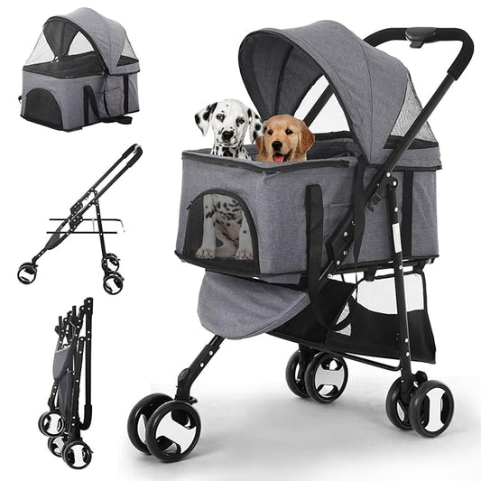 3-in-1 Folding Pet Stroller 3 Wheels Dog Cat Stroller with Detachable Carrier, Grey