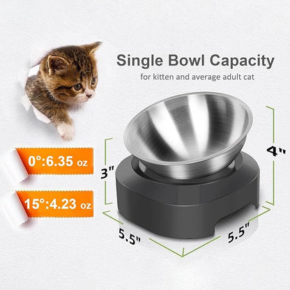 AYADA Raised Cat Food Bowl, Stainless Steel Cat Dish for Food Water Anti Vomiting Elevated with Stand Ergonomic Lifted Slanted Tilted 15 Angle Metal Single Kitty Kitten Wet Food Bowl Pet Bowl (Single)