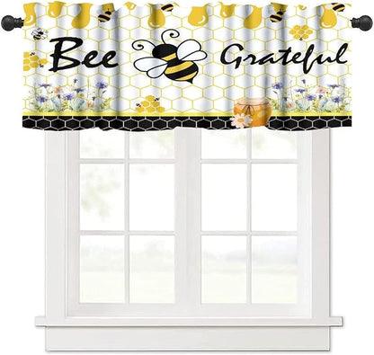 Rustic Bee Valances Curtain for Kitchen, Bees Spring Flower Yellow Black Honeycombs Window Treatment Valances Short Curtains Rod Pocket Drape for Dining Room Home Farmhouse Decor, 54x18inch