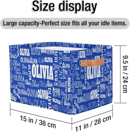 Personalized Kids Toy Box with Name, Custom Nursery Baskets Cubes Box, Kids Custom Storage Basket Laundry Baskets Organizer with Handles, Royal Blue Background