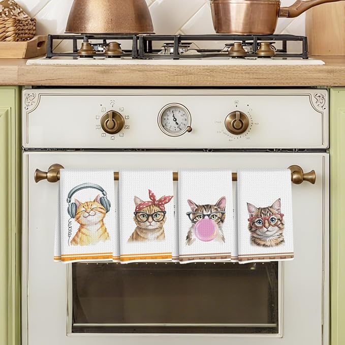 Hanamiya Na 4 Pcs Funny Cat Kitchen Hand Towels 24x14 Inch, Cute Hand Towels for Home Kitchen Bathroom Farmhouse Decor, Cat Mom Lover Lady Gifts for Women Friend Grandma