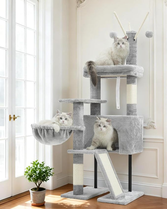 Gitelsnour Cat Tree for Indoor Cats, Cat Tower with Scratching Post for Small Cats and Kittens, Cat House with Removable Top Platform and Fluffy Balls, Hanging Cat Basket, Light Gray GCT006SW