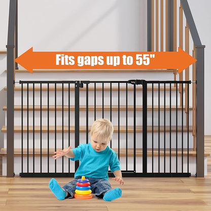 keny 29"-55" Extra Wide Baby Gate, Pressure Mounted No Drilling Dog Gate for Stairs Doorways, Easy Walk Through Safety Gate for Babies or Pets, 30" Tall, Black