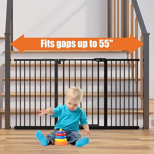 keny 29"-55" Extra Wide Baby Gate, Pressure Mounted No Drilling Dog Gate for Stairs Doorways, Easy Walk Through Safety Gate for Babies or Pets, 30" Tall, Black
