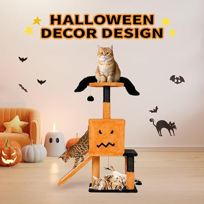 VINGLI 39.4in Halloween Cat Tree, Cat Tree Tower with Sisal-Covered Scratching Posts & House Cave & Platform Beds Side & Scratch Board, Tall Kittens Pet House w/Hanging Balls Spider, Black & Orange