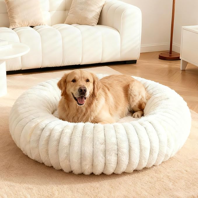 Calming Dog Bed Anti-Anxiety Donut Dog Beds for Small Medium Large Dogs,Washable Plush Fluffy Indoor Cat Kitten Round Cuddler Cushion (Cream, Large-34 inch)