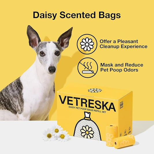 VETRESKA Dog Poop Bag Rolls Daisy Scented Leak-proof Pet Waste Bags Thick and Large Trash Bags for Dog Walking 36 Refill Rolls 540 Bags