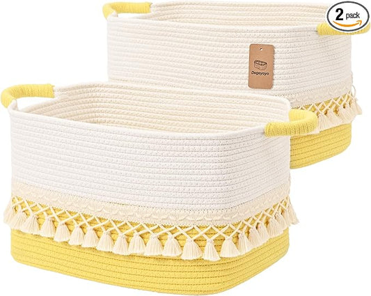 2 Pack Storage Basket for Shelves, Boho Cotton Rope Storage Bins with Heavy Tassel, Shelf Baskets Large Woven Baskets for Organizing, Cube Organizer Bins, Baby Laundry Basket for Clothes, Toys, Pets