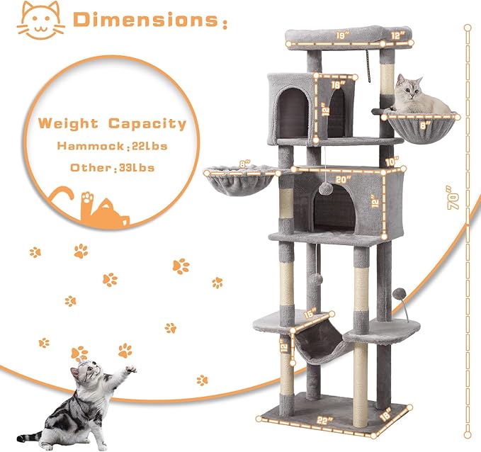 Letkind 70-Inch Cat Tree,Large Cat Tree Tower with Hammock, Scratching Post, Condo and Multi-Level Cat Tower for Large Cats, Cat Activity Center Playhouse, Light Gray LCT016