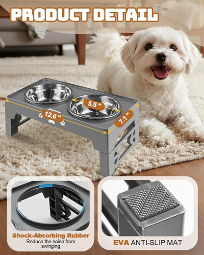 Elevated Dog Bowls for Small Dogs and Cats, Dog Feeder with 2 Thick 5.5" Stainless Steel Dishes, Non-Slip 2 Heights Adjustable to 2.6"-5.3"