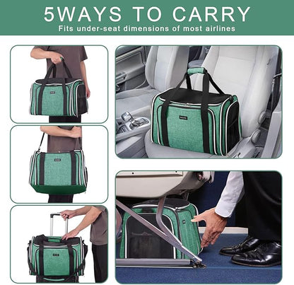 BAGLHER Expandable Cat Carrier with Travel Litter Box, Pet Travel 5 Sides Open Doors 3 Sides, Leak-Proof and Collapsible, for Car, Airplane Trip, Green