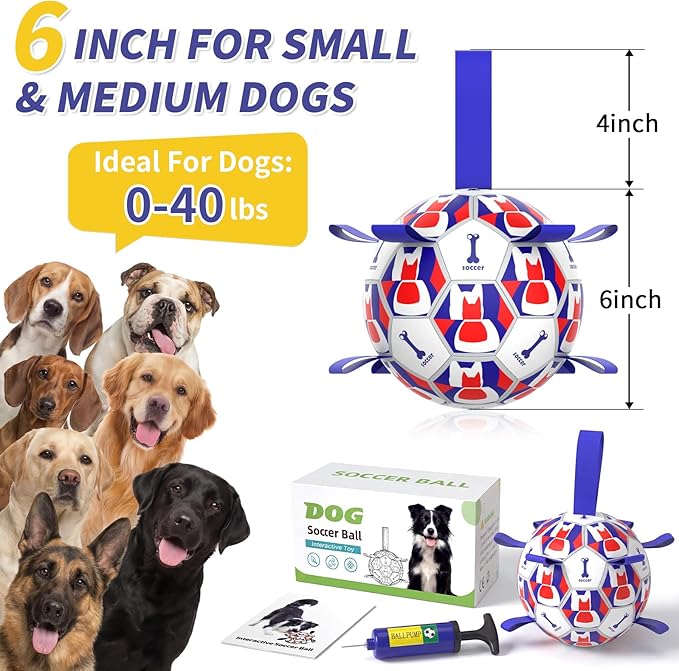 Interactive Dog Ball Toys, 2026 Dog Soccer Ball with Thicken Straps for Small Medium Breeds Tug of War, Small Herding Balls with Pump for Puppy Dogs Outdoor Play Training (Blue, 6 Inch)
