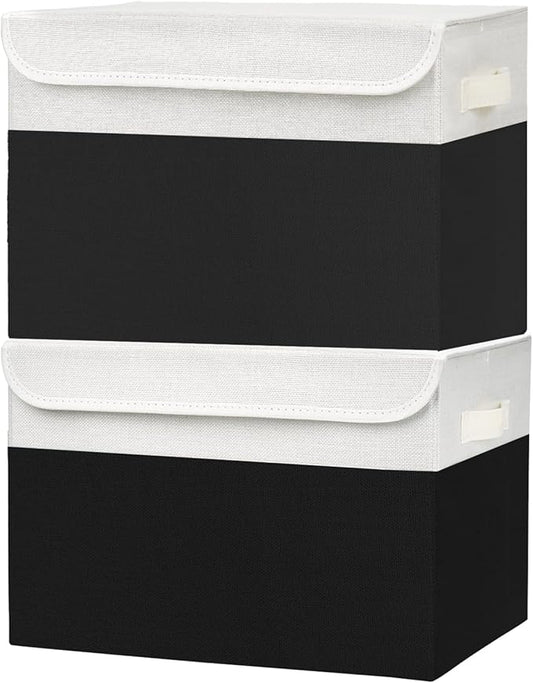 Large 42 Quarts Fabric Storage Bins with Lids [2-Pack] Linen Collapsible Foldable Baskets, Closet Organizer Containers boxes with Handles for Home Office (16.7 x 12 x 12, Black & White)