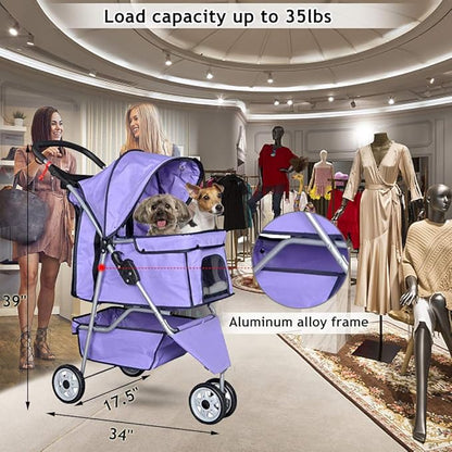 Dkeli 3-Wheel Pet Stroller, Lightweight Foldable Dog Stroller for Small Medium Dogs & Cats, Breathable Mesh & Weather Cover with Storage Basket, for Daily Walk Outdoor Travel (Purple)