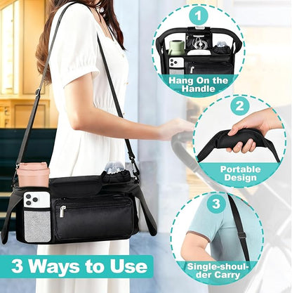 Universal Stroller Organizer with Insulated Cup Holder Detachable Phone Bag & Shoulder Strap, Bag Caddy Fits for Stroller like Uppababy, Baby Jogger, Britax, BOB, Umbrella & Pet Stroller