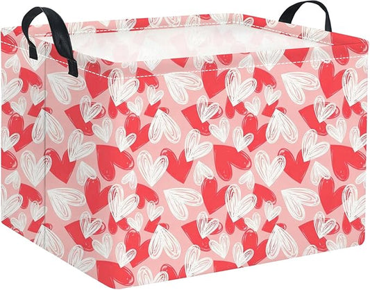 HIYAGON Rectangular Valentines Basket Fabric Storage Bin Storage Boxes Collapsible Storage Basket for Clothes Books Shelves Basket(Pink White Heart)