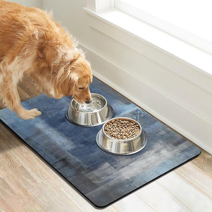 Dog Food Mats for Floors Absorbent, Cat Food Mat - Pet Cat Feeding Mat Quick Dry, Dog Bowl Mats for Water, Pet Supplies Feeding Placemat 16" x 24" Tie-Dye Dark Blue