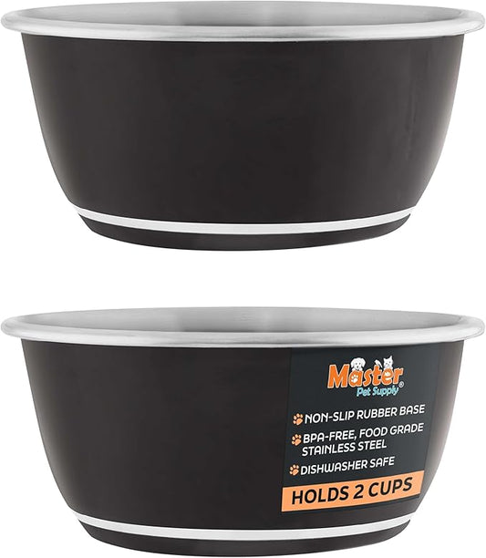 Master Pet Supply Stainless Steel Dog Bowls Set of 2 (16 Oz Each) with Non-Slip Rubber Base - Black Velvet - Basic Dog Food Bowl Water & Food Bowls for Small Medium Large Dogs & Cats, Metal Dish
