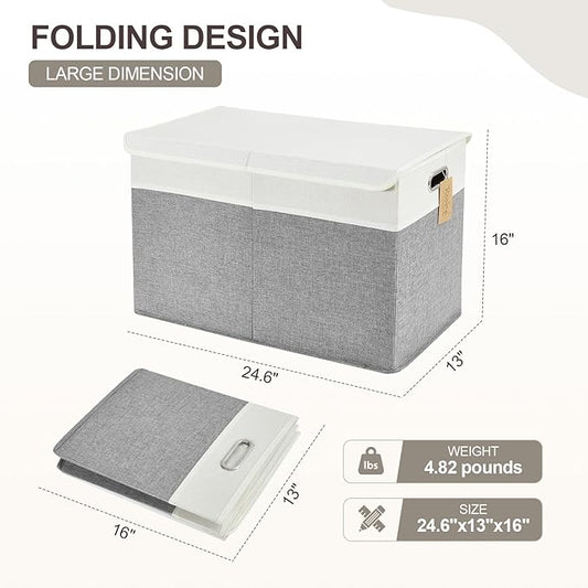 Large Toy Storage Box with Lid, Collapsible Toys Storage Organizer Bins with Dividers and Handles, Storage Chest Bin for Kids, Boys, Girls, Nursery 25"x13" x16" (Gray & White)