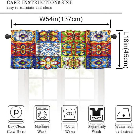 Mexico Valance Curtains Mexican Talavera Ceramic Colorful Tile Patchwork Pattern Window Treatment Valances Short Curtains Rod Pocket Drape for Dining Room Home Kitchen Decor, 54x18inch