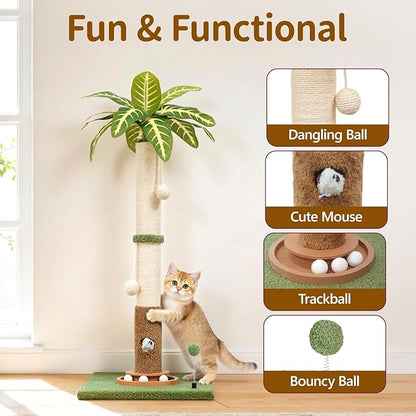 Tall Cat Scratching Post Vertical Pole for Indoor, 35" Palm Tree Sisal Scratch Post for Large Cats & Kittens, Heavy Duty Wooden Carpet Pole with Ball Track Leaves, Furniture Protection