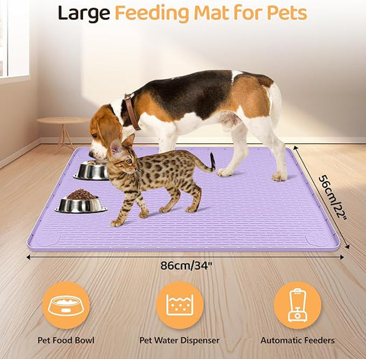 Dog Food Mat, Extra Large 34" x 22" Silicone Pet Feeding Mat with Raised Edge Pet Placemat for Small, Medium, and Large Pets Non-Slip, Easy to Clean (Purple)