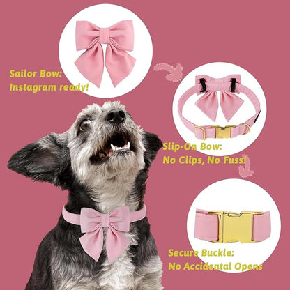 Maca Bates Cherry Pink Dog Collar with Cute Solid Sailor Bow Tie for Medium Girl Boy Dogs,Girly Adjustbale Durable Breakaway Soft Collars with Bowtie for Female Male Puppy,Pet with Metal Buckle