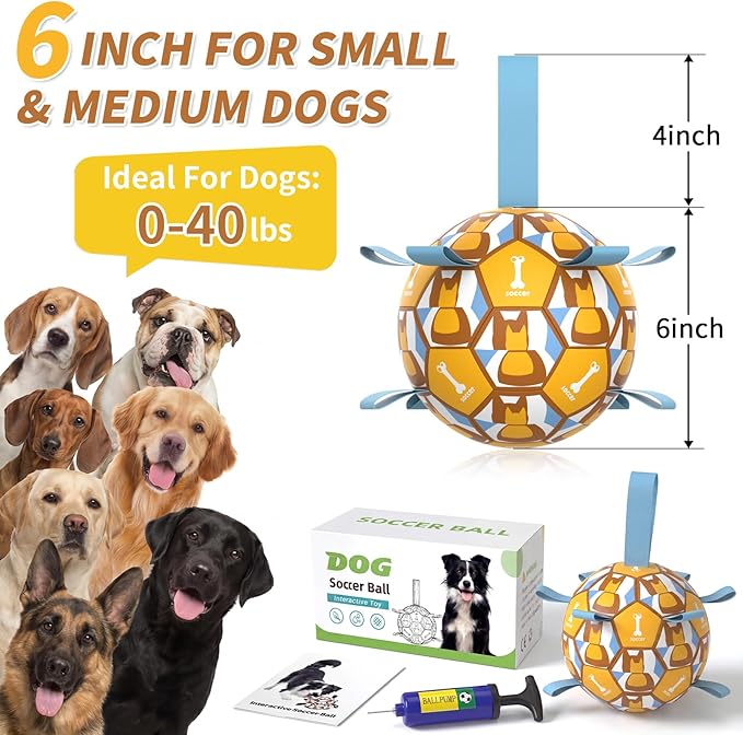 Interactive Dog Ball Toys, 2026 Dog Soccer Ball with Thicken Straps for Small Medium Breeds Tug of War, Small Herding Balls with Pump for Puppy Dogs Outdoor Play Training (Yellow, 6 Inch)